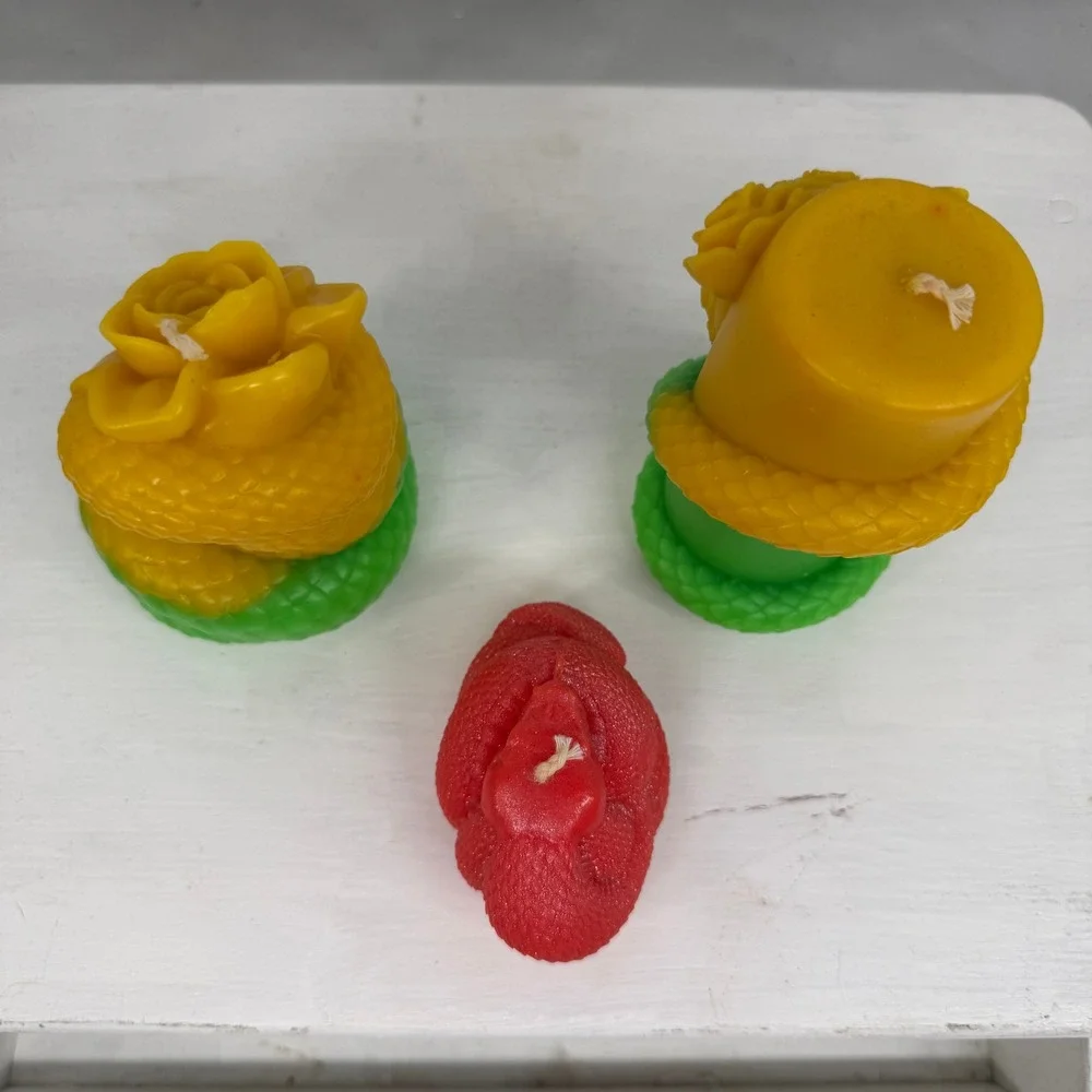 Soy Novelty Candle Set of 3 Bright Red Yellow Green Skull Snake Goth Art Odditiy